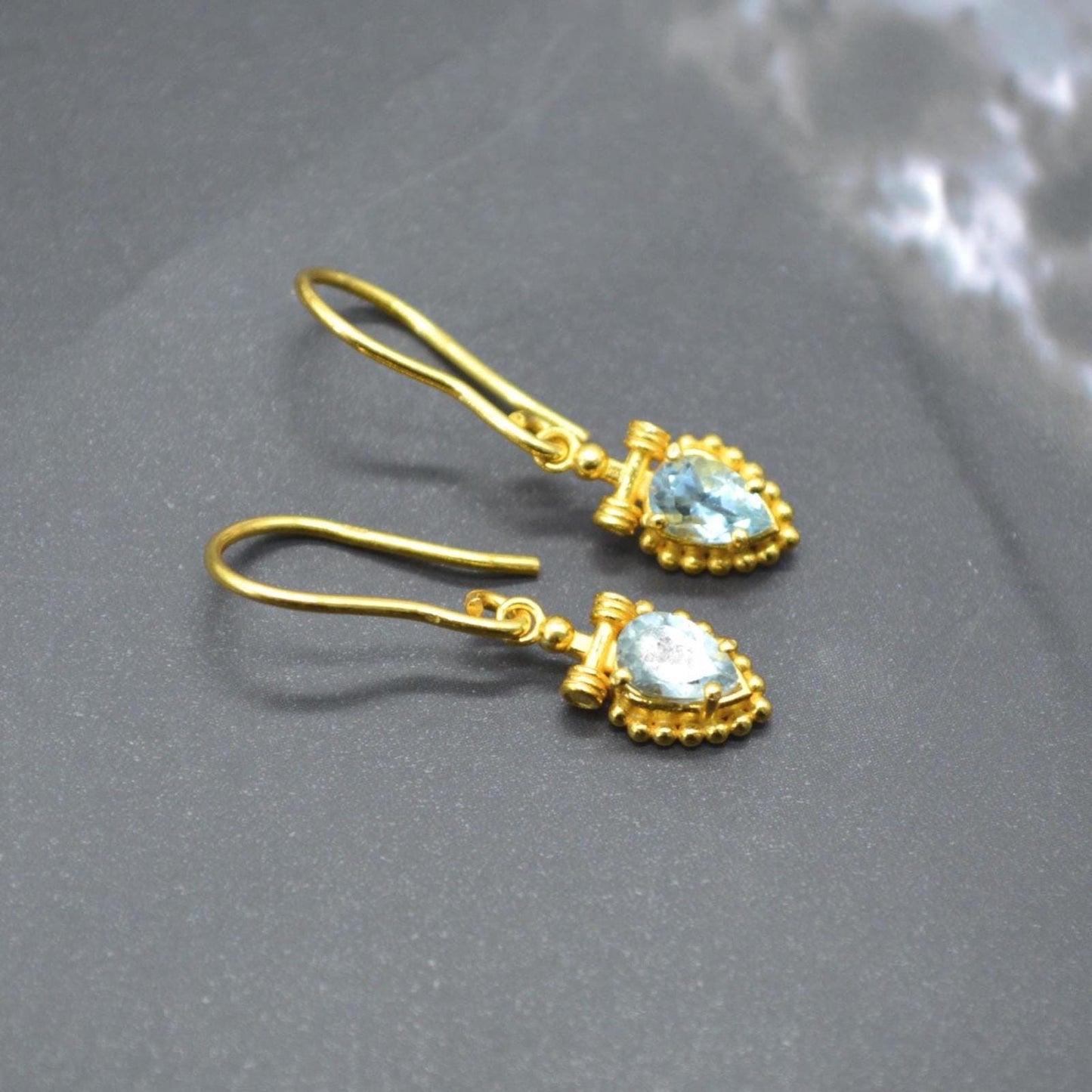 Blue Topaz Dangle Earrings: Silver or Gold, Floral Drops, December Birthstone