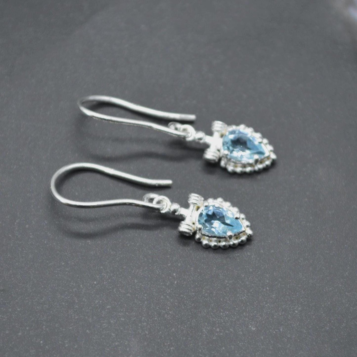 Blue Topaz Dangle Earrings: Silver or Gold, Floral Drops, December Birthstone