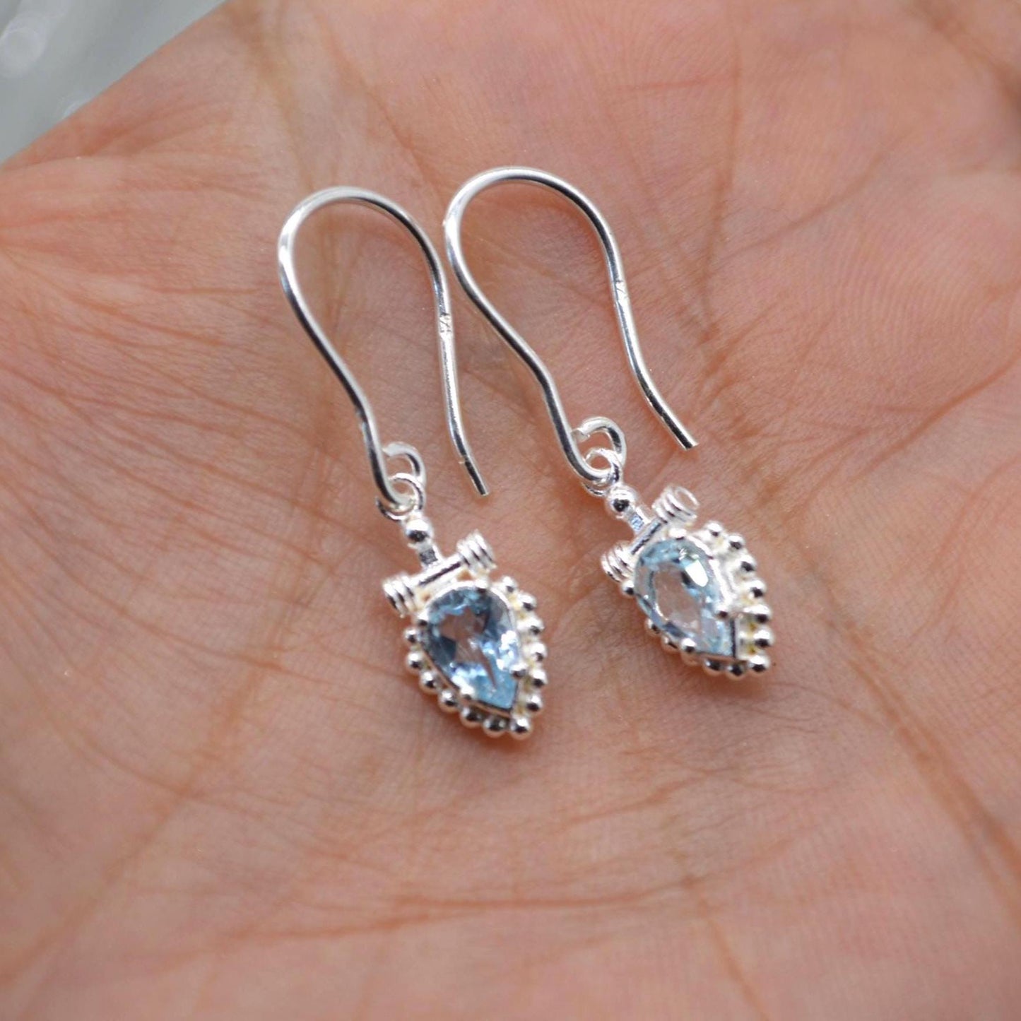 Blue Topaz Dangle Earrings: Silver or Gold, Floral Drops, December Birthstone