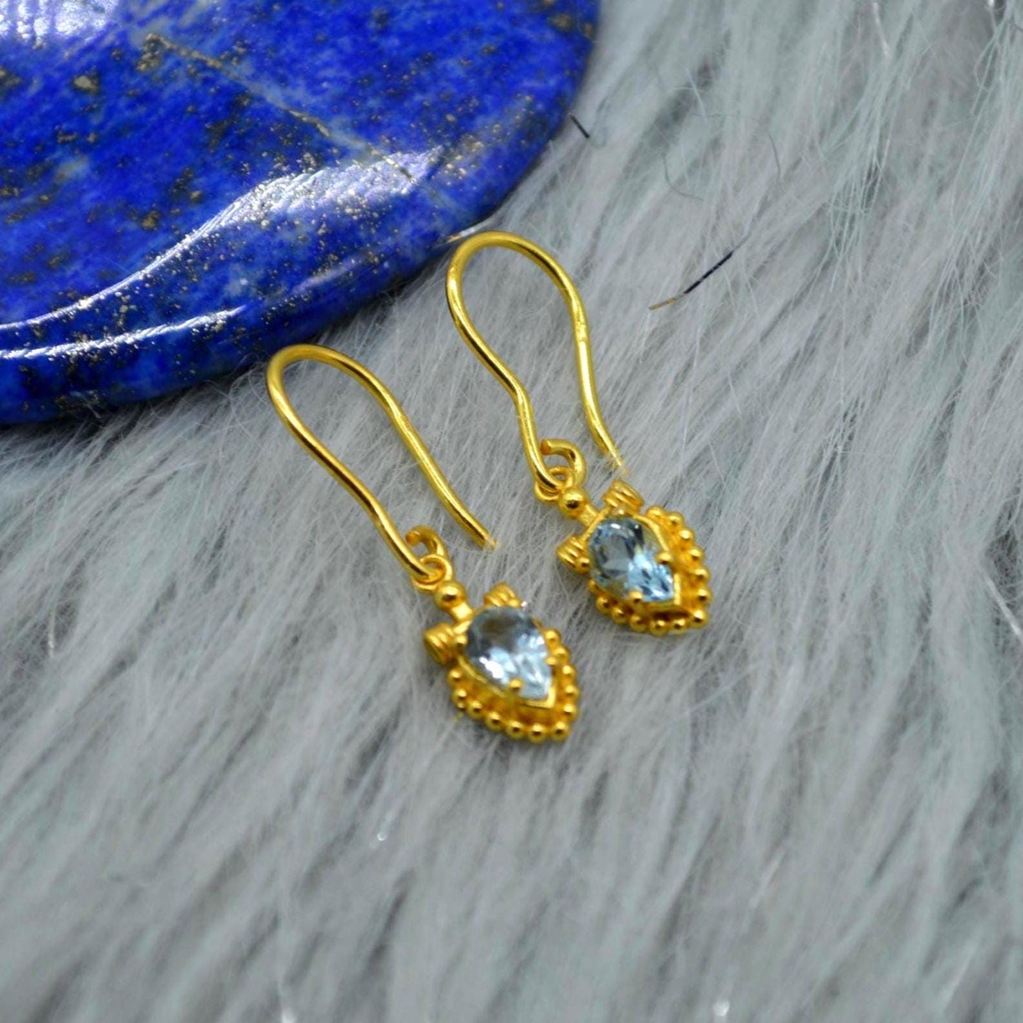Blue Topaz Dangle Earrings: Silver or Gold, Floral Drops, December Birthstone