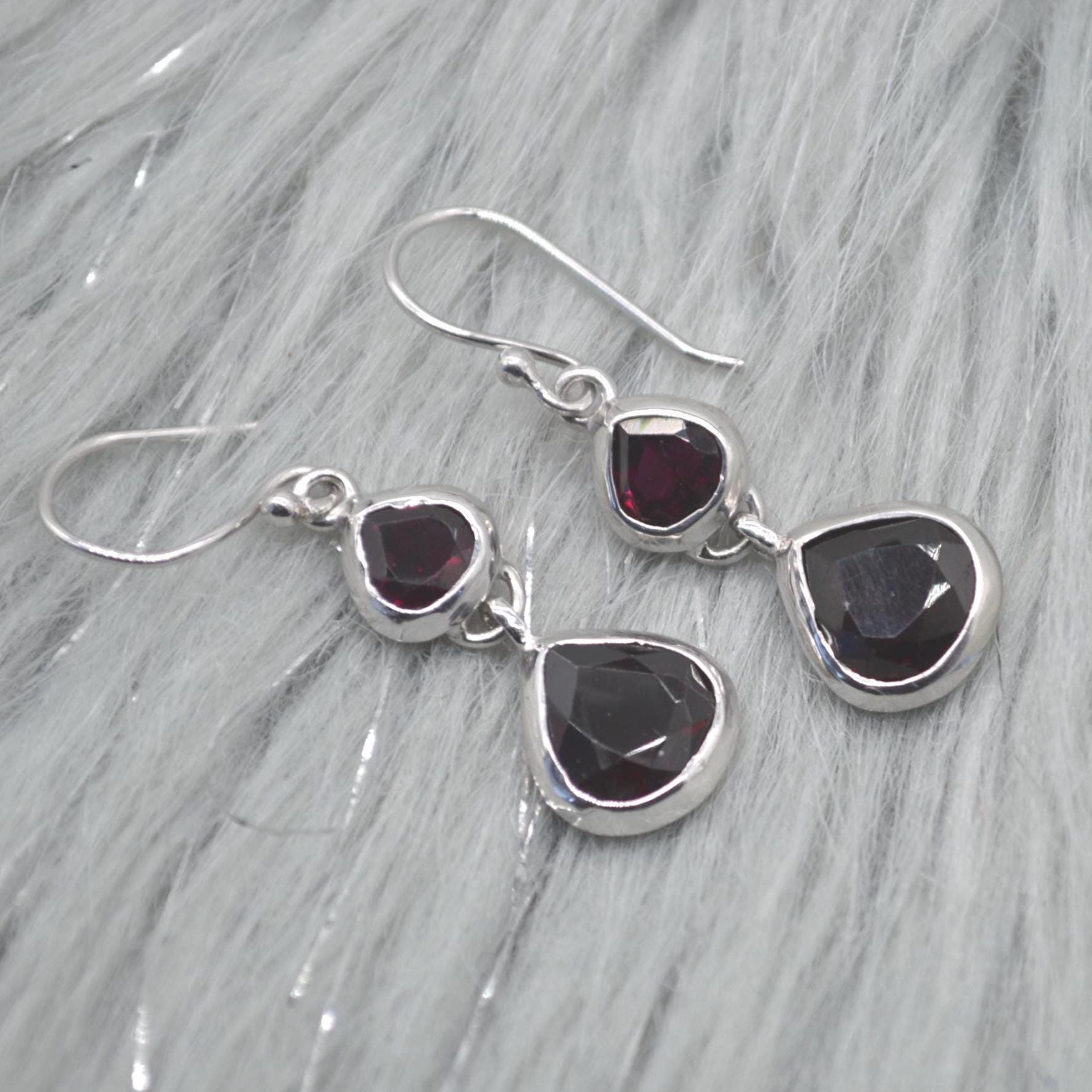 Red Garnet Earrings: Silver, Dangle Drop, January Birthstone Jewelry, Gemstone Teardrop