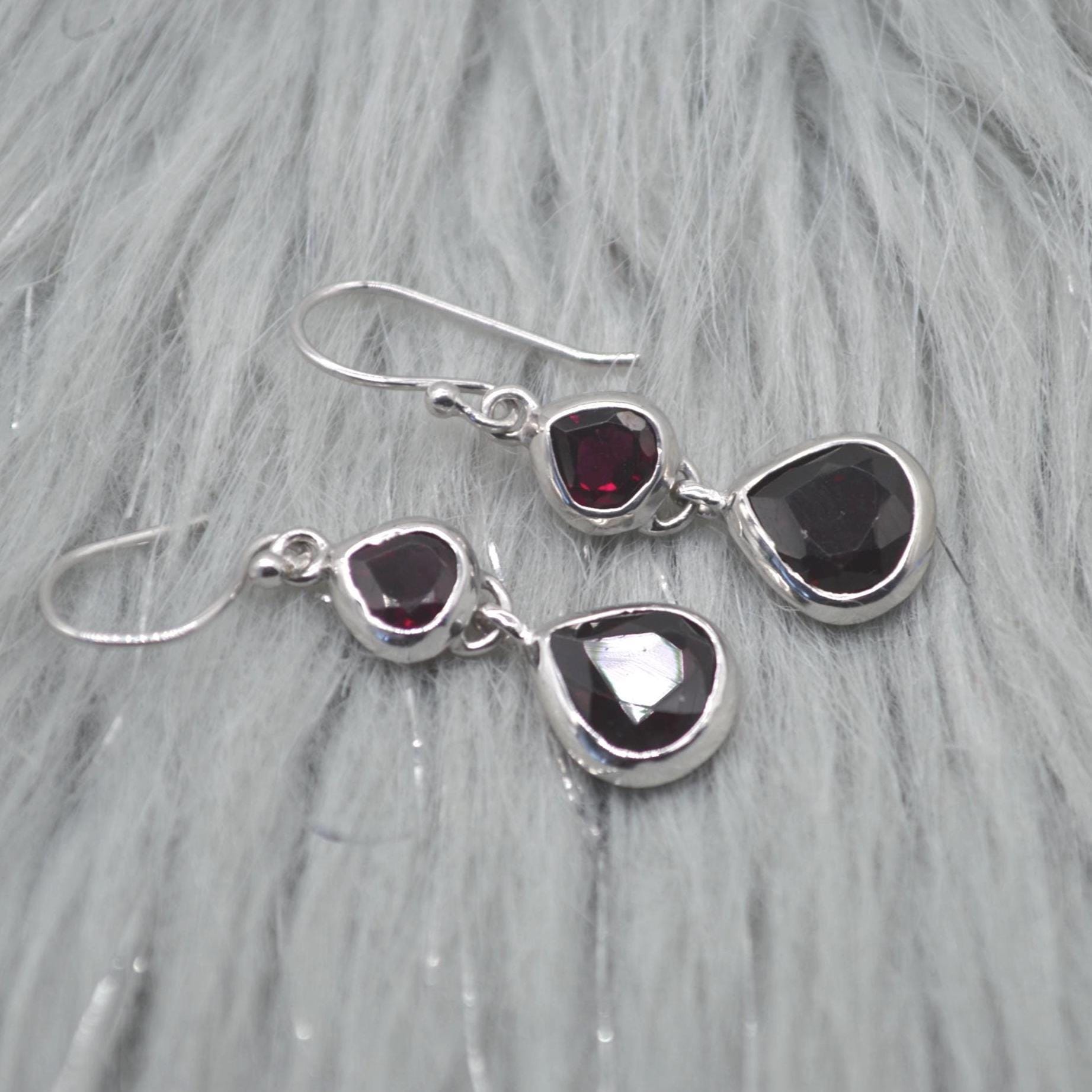 Red Garnet Earrings: Silver, Dangle Drop, January Birthstone Jewelry, Gemstone Teardrop