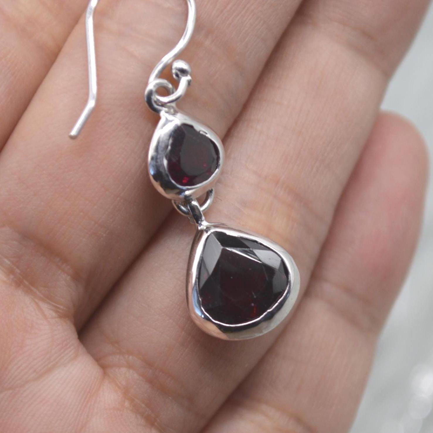Red Garnet Earrings: Silver, Dangle Drop, January Birthstone Jewelry, Gemstone Teardrop