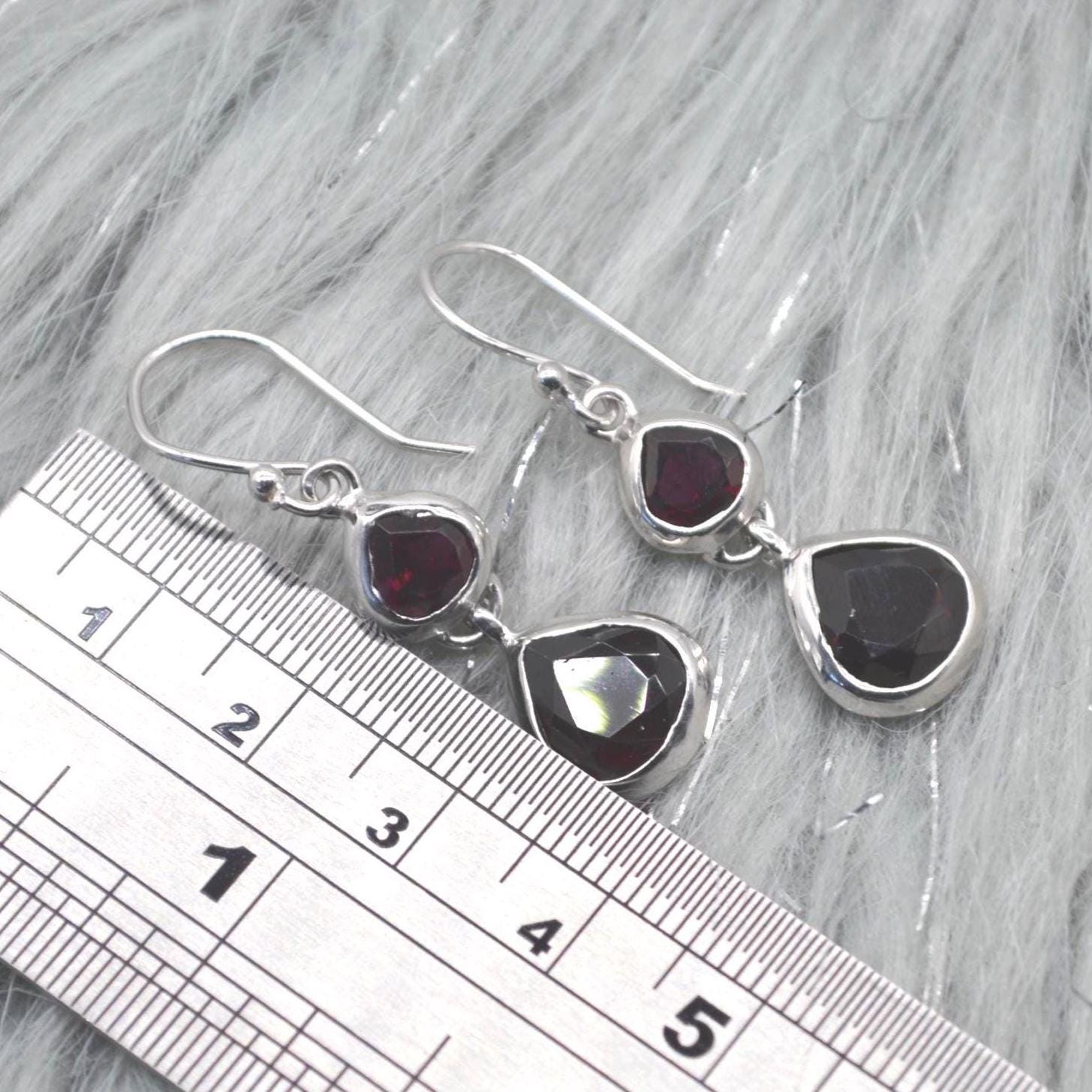 Red Garnet Earrings: Silver, Dangle Drop, January Birthstone Jewelry, Gemstone Teardrop