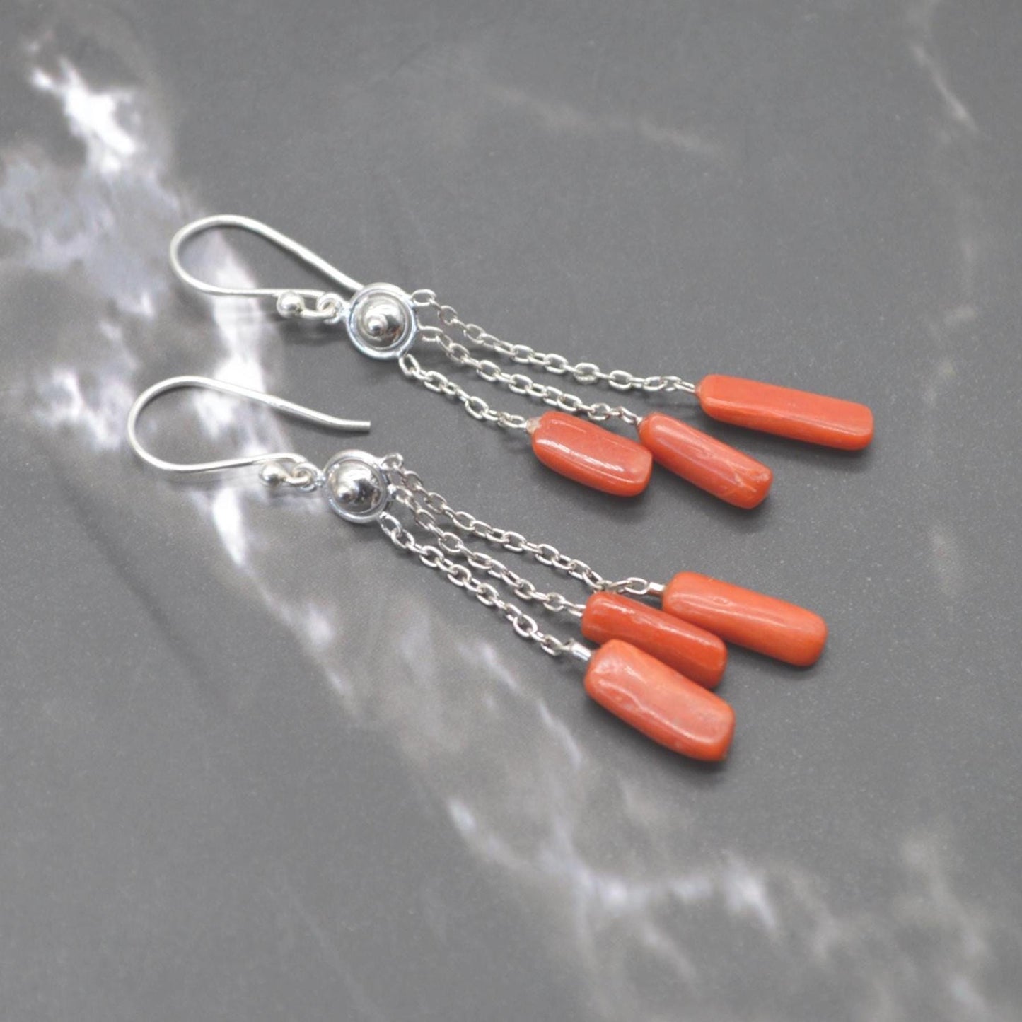 Red Coral Earrings: Sterling Silver, Dainty Dangle Drop, Red Gemstone Jewelry