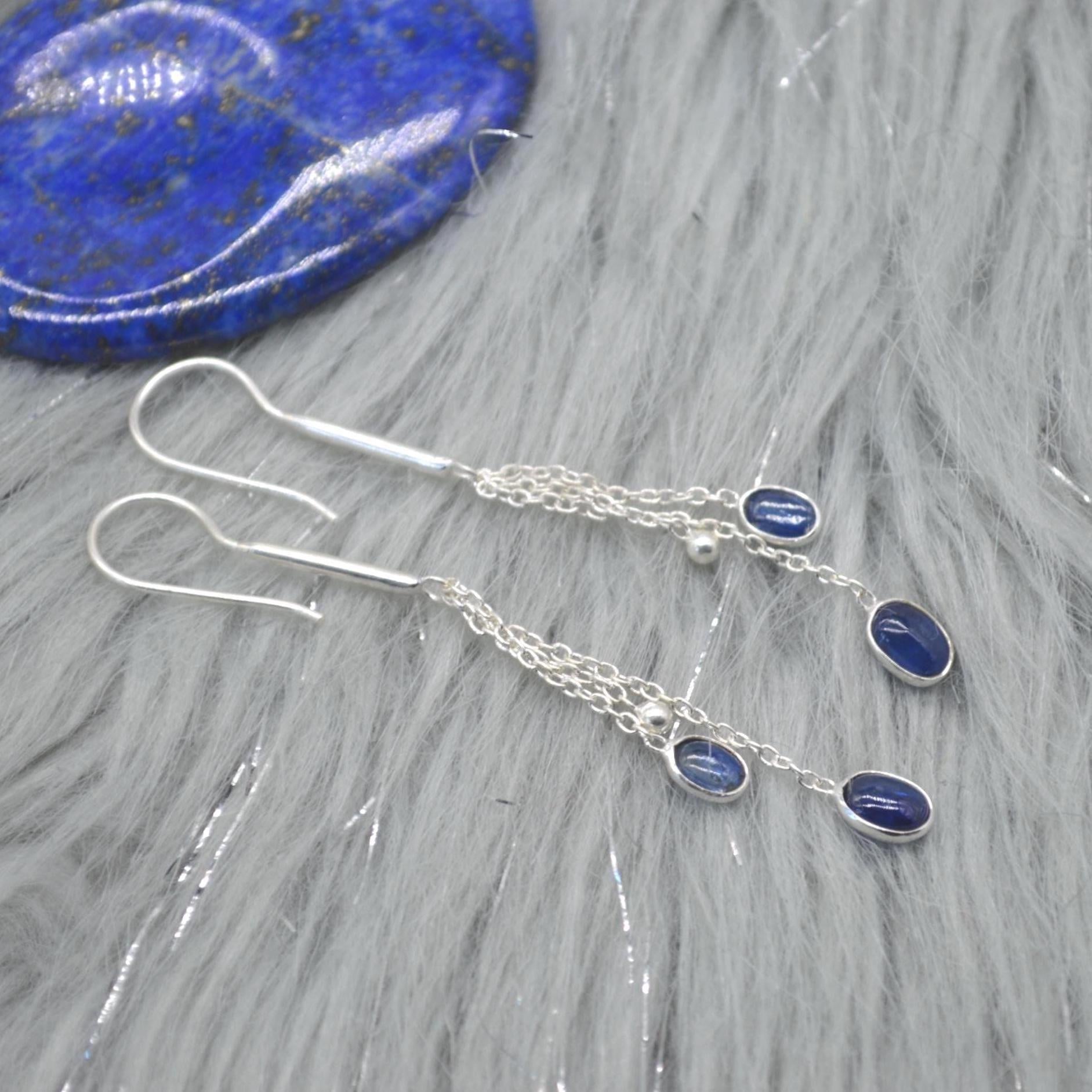 Long Kyanite Earrings: Silver, Dangle Drop, Blue Gemstone Jewelry