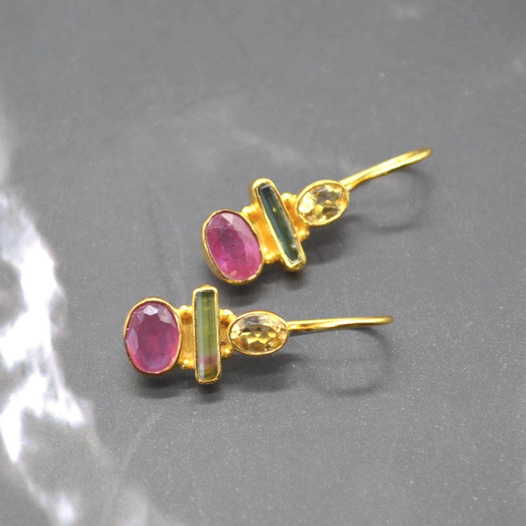 Tourmaline, Citrine, Ruby Earrings: Gold Plated Sterling Silver, Dangle Drop