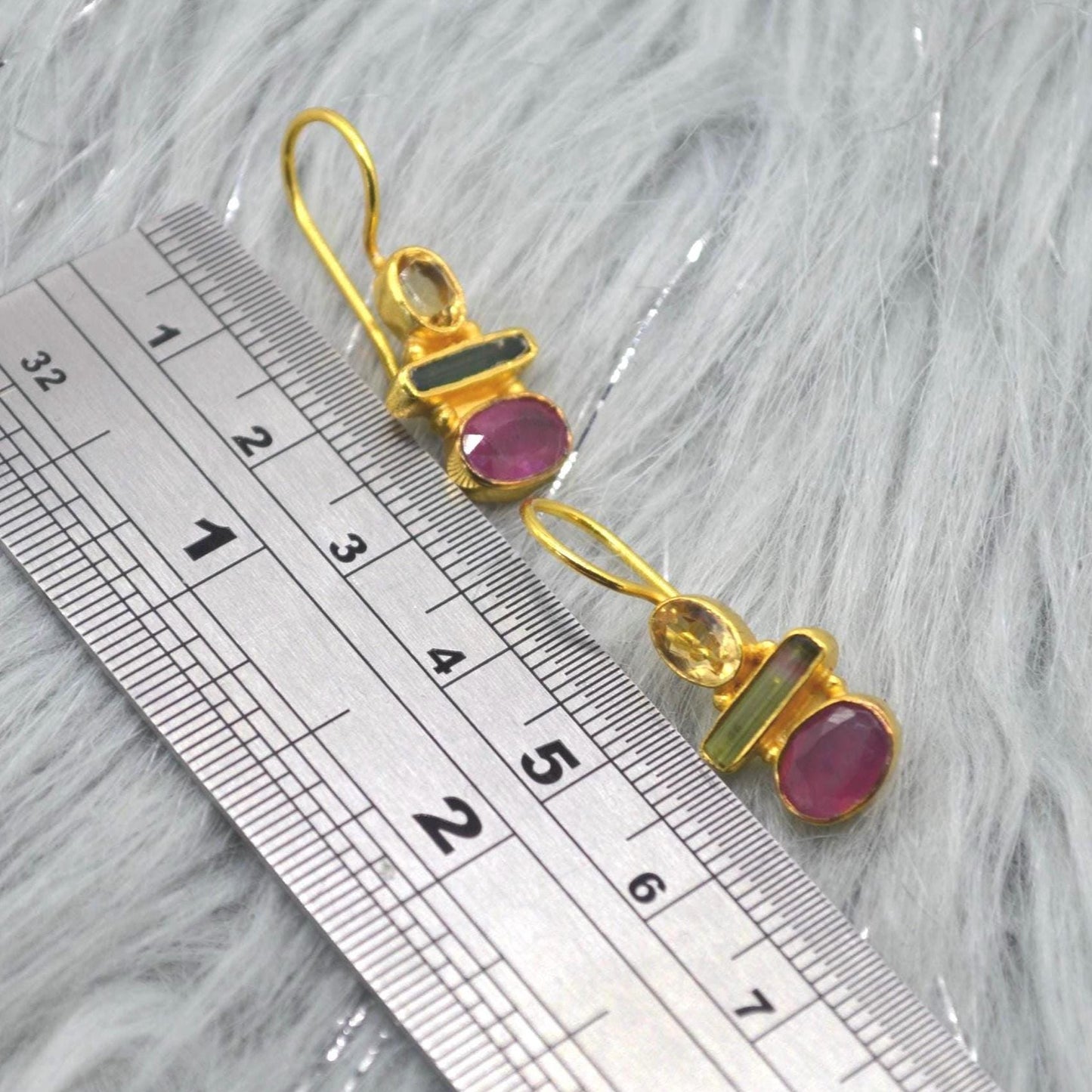 Tourmaline, Citrine, Ruby Earrings: Gold Plated Sterling Silver, Dangle Drop