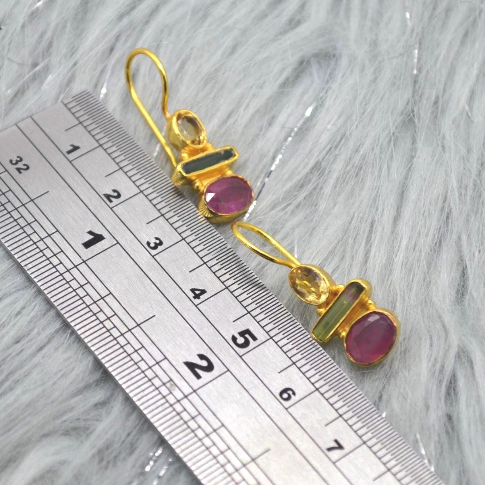 Tourmaline, Citrine, Ruby Earrings: Gold Plated Sterling Silver, Dangle Drop