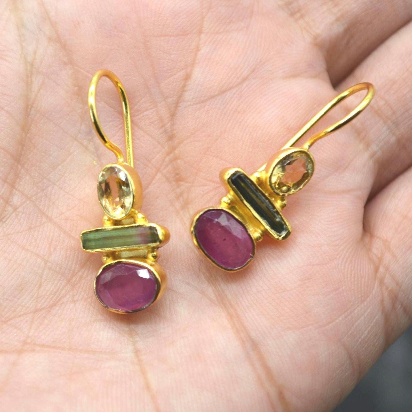 Tourmaline, Citrine, Ruby Earrings: Gold Plated Sterling Silver, Dangle Drop