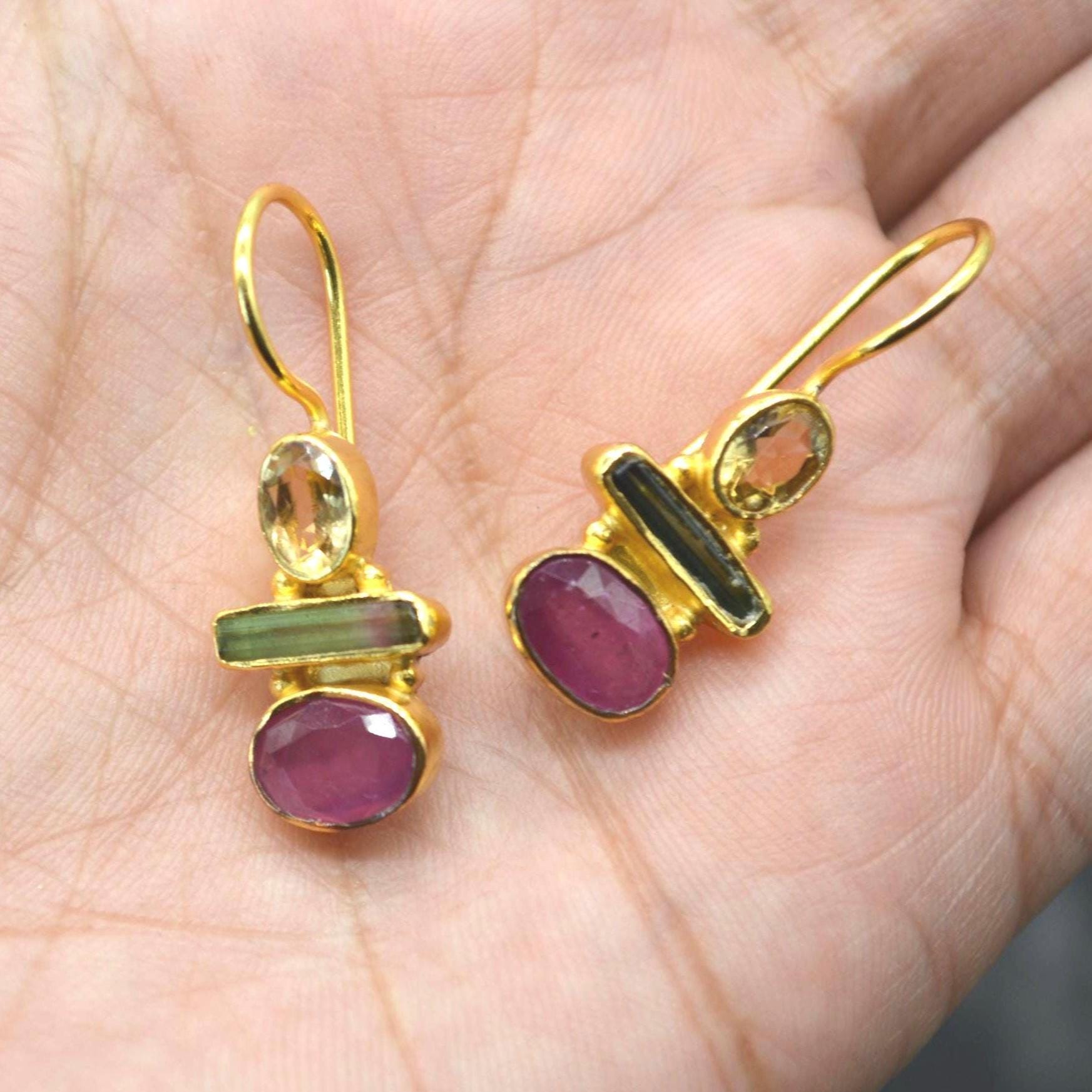 Tourmaline, Citrine, Ruby Earrings: Gold Plated Sterling Silver, Dangle Drop