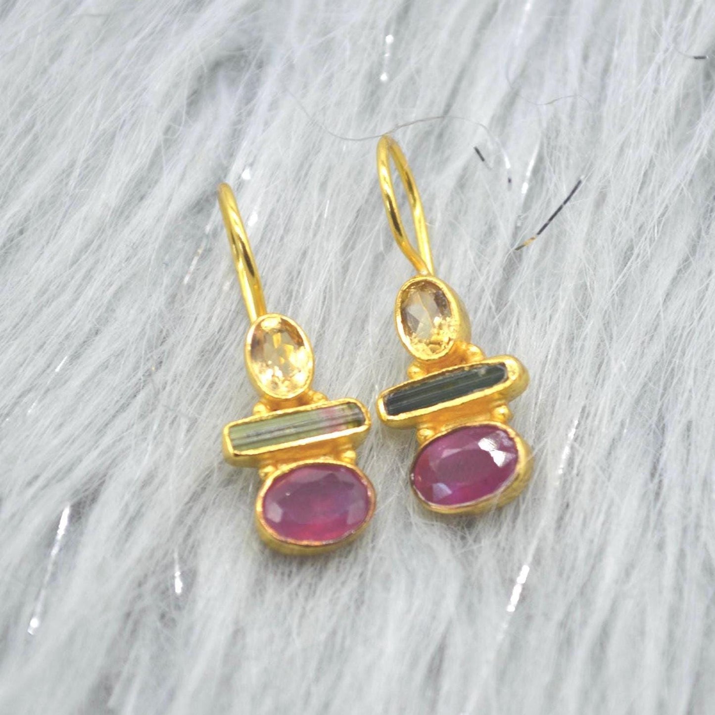 Tourmaline, Citrine, Ruby Earrings: Gold Plated Sterling Silver, Dangle Drop
