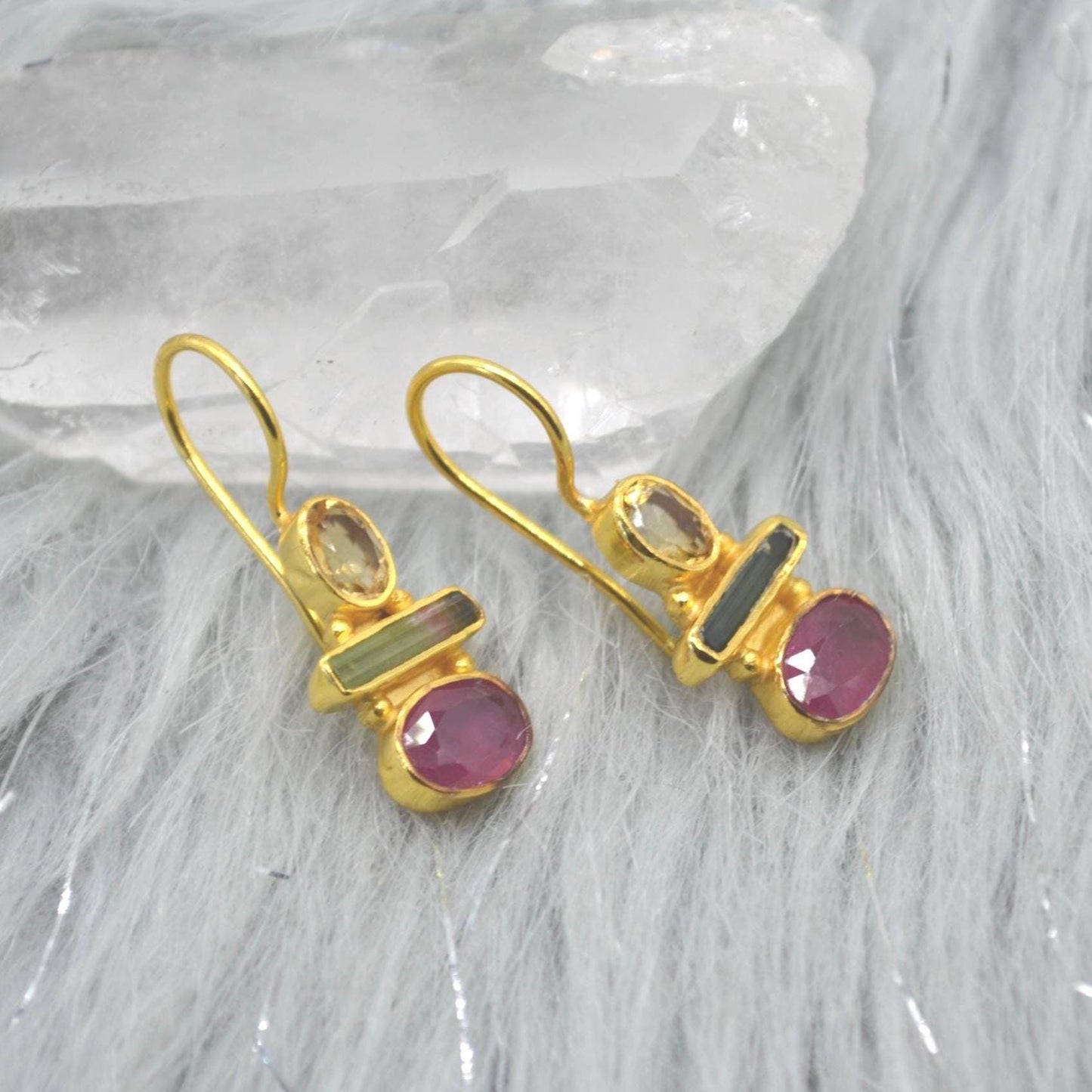 Tourmaline, Citrine, Ruby Earrings: Gold Plated Sterling Silver, Dangle Drop