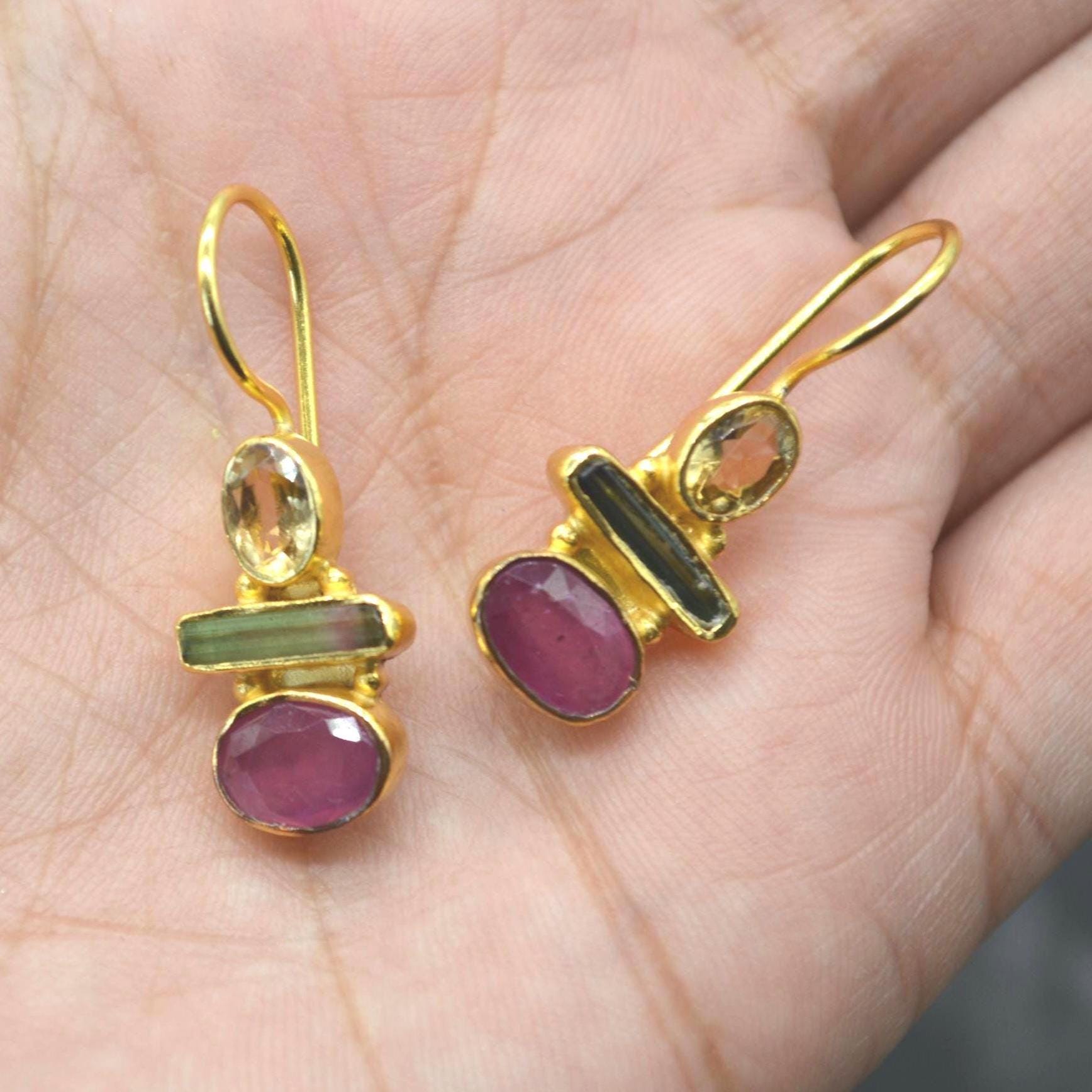 Tourmaline, Citrine, Ruby Earrings: Gold Plated Sterling Silver, Dangle Drop