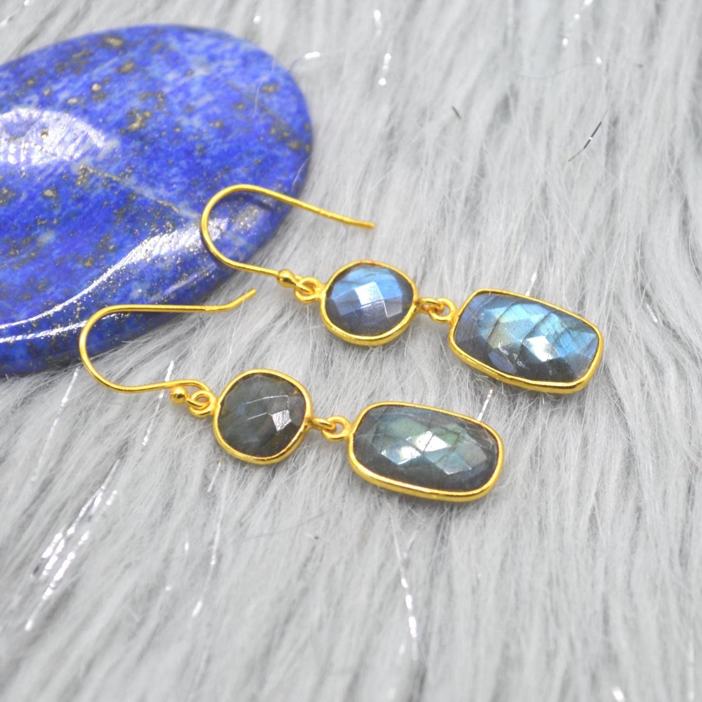Labradorite Earrings: Gold Plated Sterling Silver, Handmade Dangle Drop