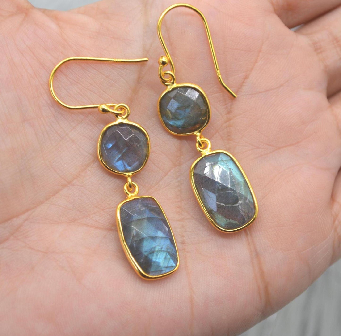 Labradorite Earrings: Gold Plated Sterling Silver, Handmade Dangle Drop