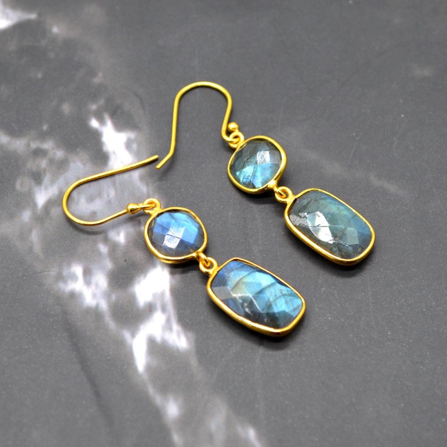 Labradorite Earrings: Gold Plated Sterling Silver, Handmade Dangle Drop