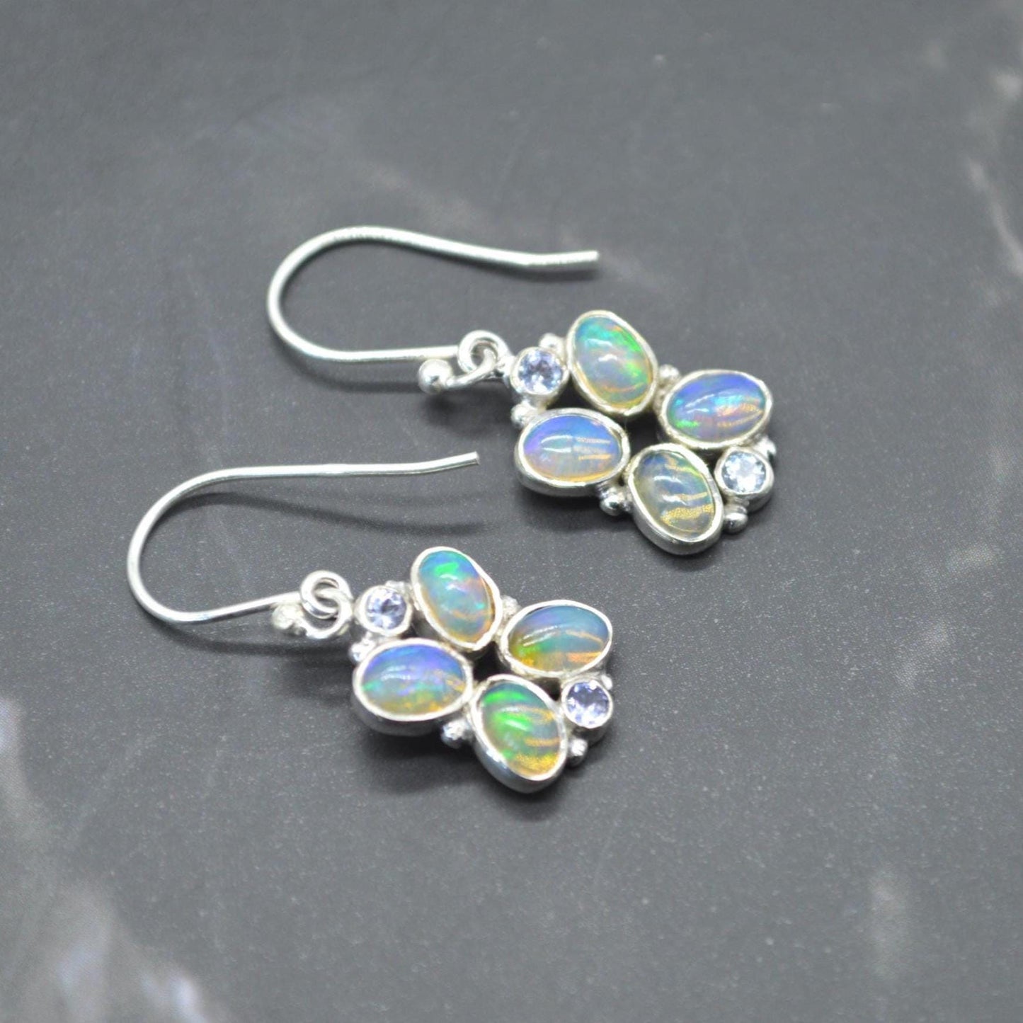 Floral Blue Opal Earrings: Silver, Cubic Zirconia, Dangle Drop, October Birthstone