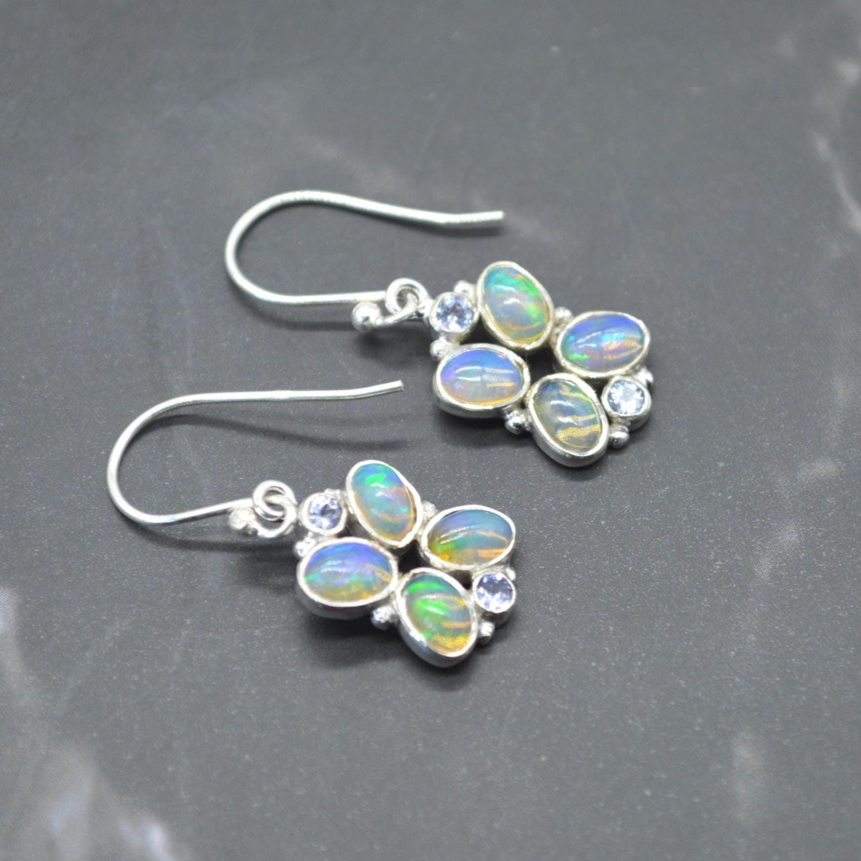 Floral Blue Opal Earrings: Silver, Cubic Zirconia, Dangle Drop, October Birthstone