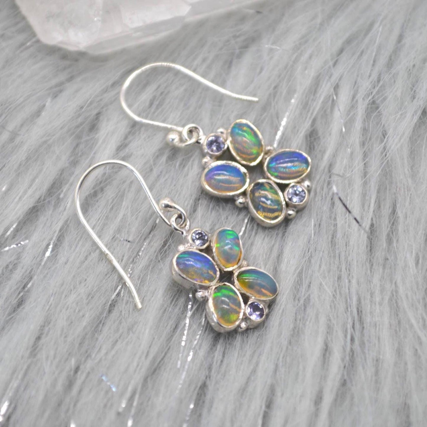 Floral Blue Opal Earrings: Silver, Cubic Zirconia, Dangle Drop, October Birthstone