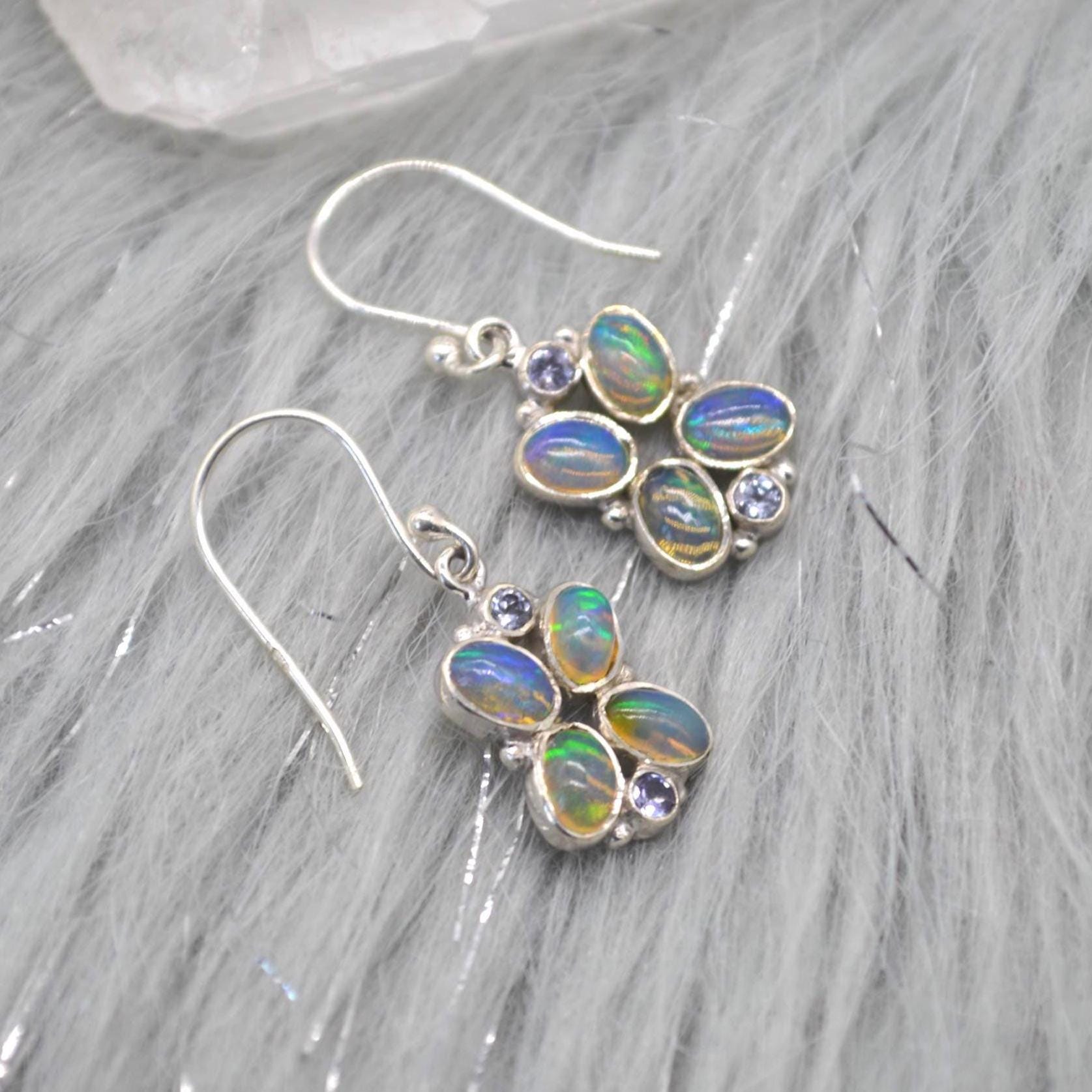 Floral Blue Opal Earrings: Silver, Cubic Zirconia, Dangle Drop, October Birthstone