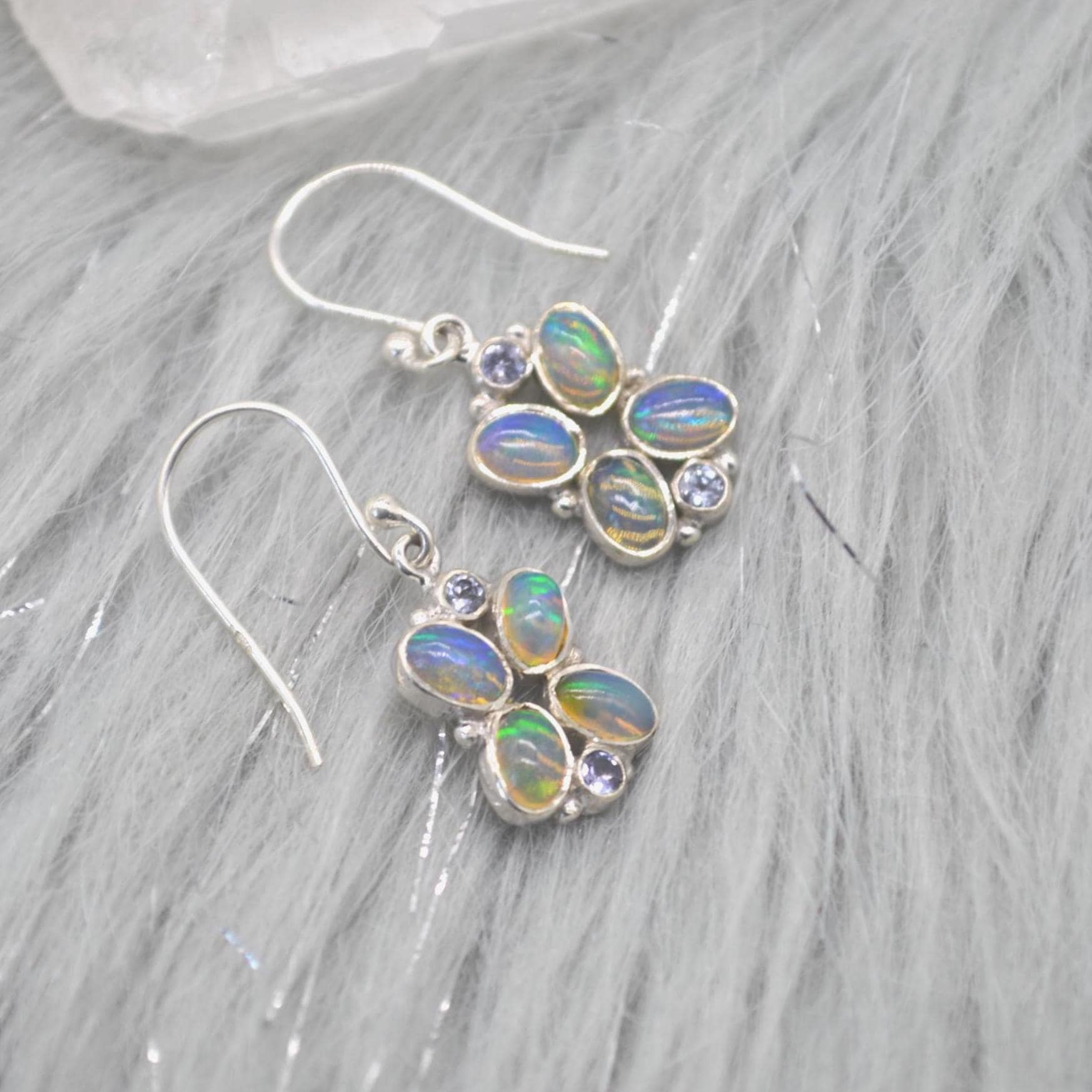 Floral Blue Opal Earrings: Silver, Cubic Zirconia, Dangle Drop, October Birthstone