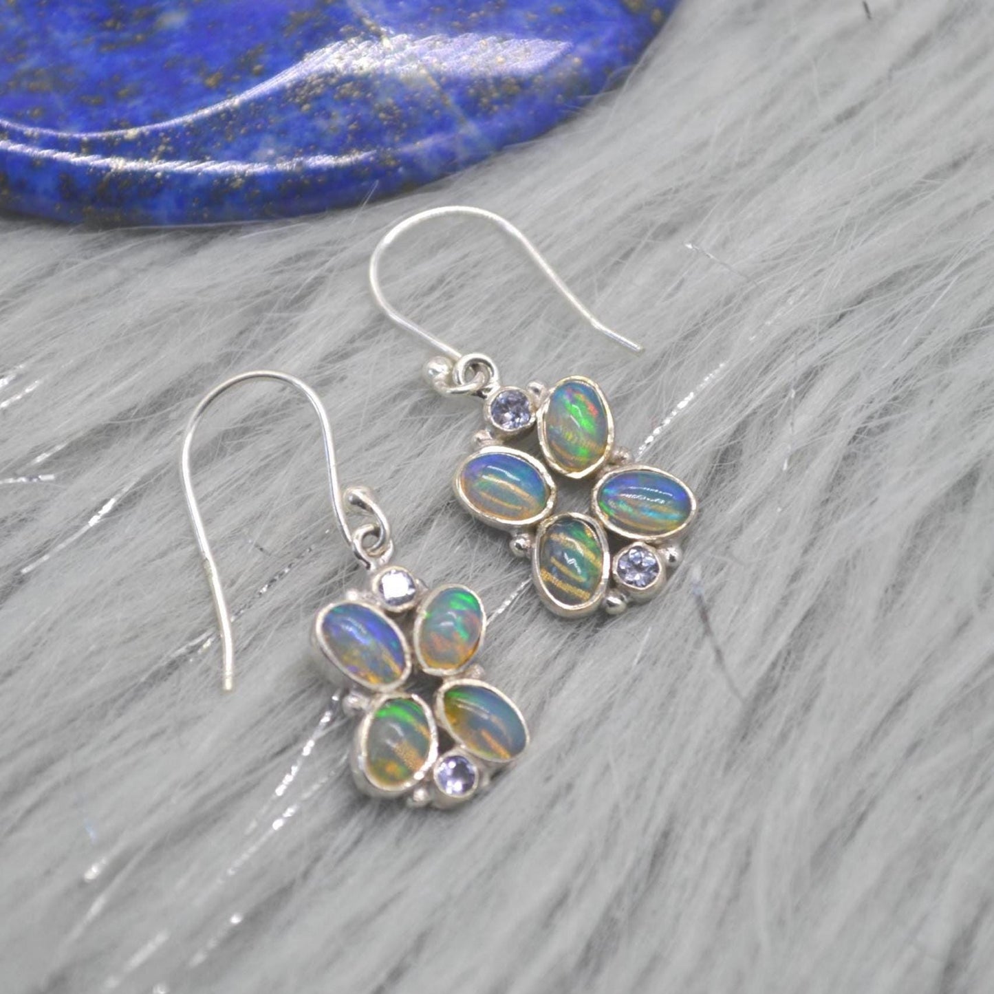 Floral Blue Opal Earrings: Silver, Cubic Zirconia, Dangle Drop, October Birthstone