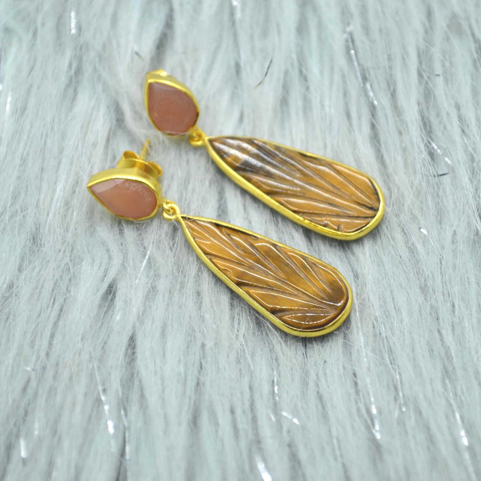 Peach Moonstone Tigers Eye Earrings: Sterling Silver, Gold Earrings, Yellow Brown Teardrop Gemstone