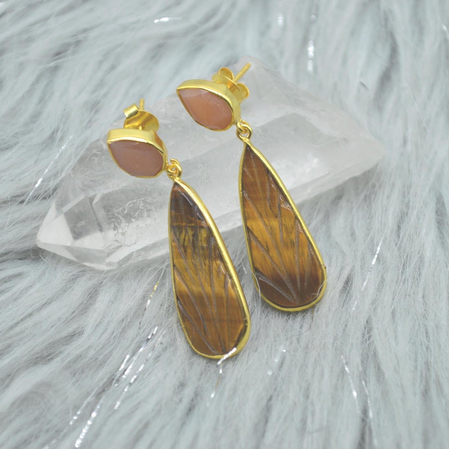 Peach Moonstone Tigers Eye Earrings: Sterling Silver, Gold Earrings, Yellow Brown Teardrop Gemstone