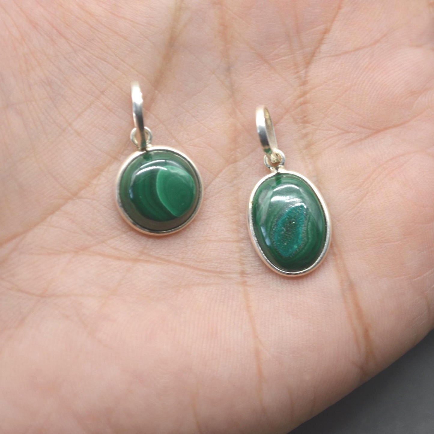Malachite Pendant: Sterling Silver, Green Gemstone, Oval or Round
