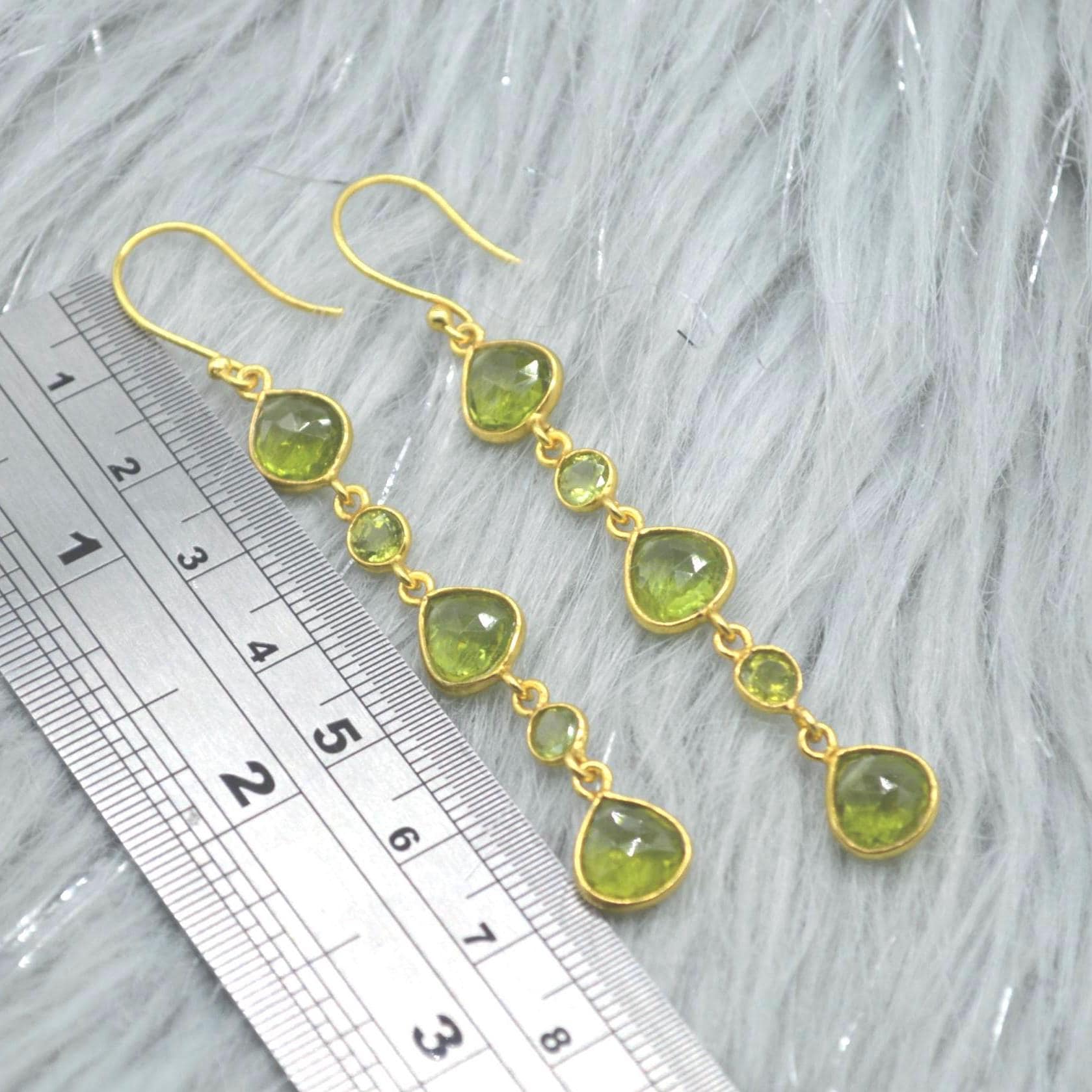 Long Green Peridot Earrings: Gold Plated Silver, Dangle Drop, Teardrop, August Birthstone