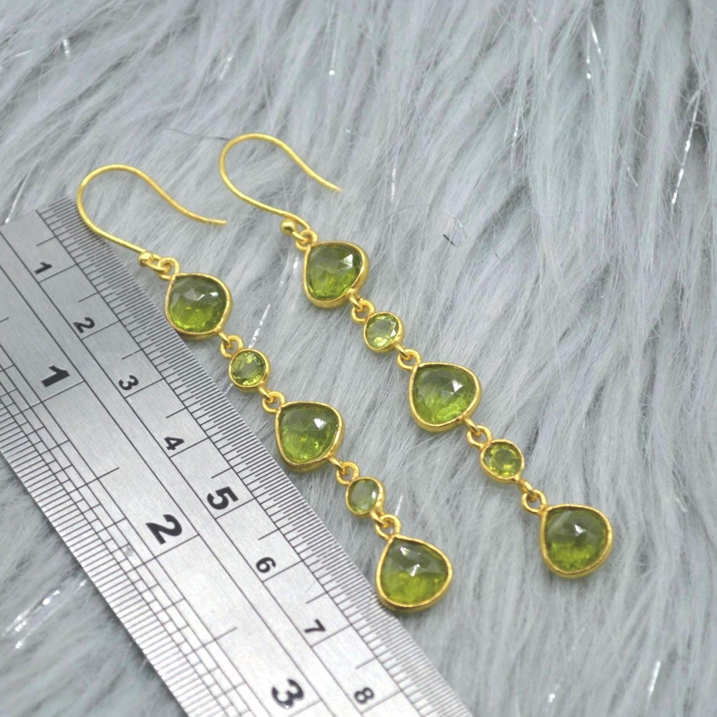 Long Green Peridot Earrings: Gold Plated Silver, Dangle Drop, Teardrop, August Birthstone