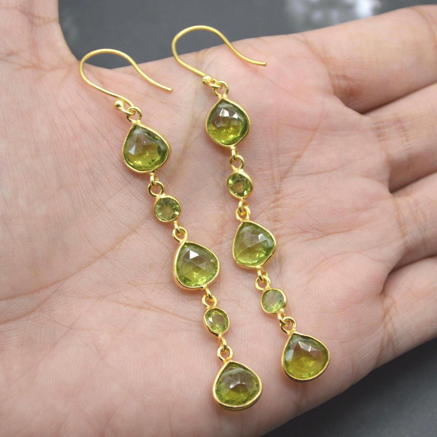 Long Green Peridot Earrings: Gold Plated Silver, Dangle Drop, Teardrop, August Birthstone