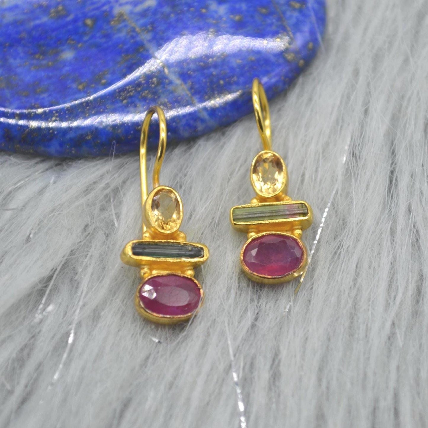 Tourmaline, Citrine, Ruby Earrings: Gold Plated Sterling Silver, Dangle Drop