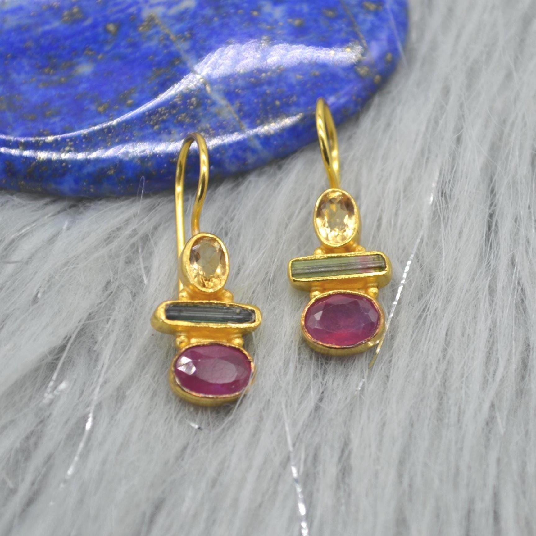 Tourmaline, Citrine, Ruby Earrings: Gold Plated Sterling Silver, Dangle Drop