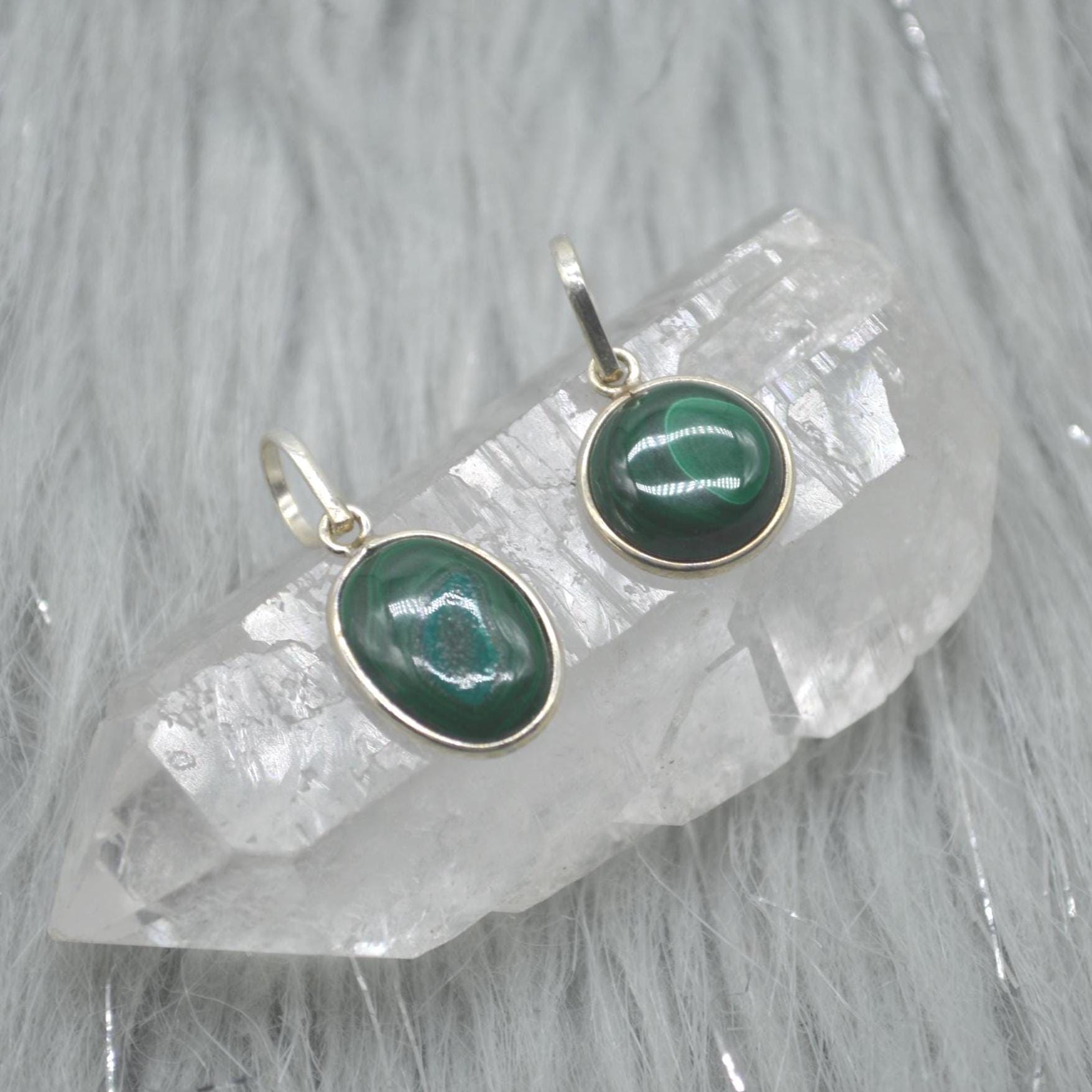 Malachite Pendant: Sterling Silver, Green Gemstone, Oval or Round