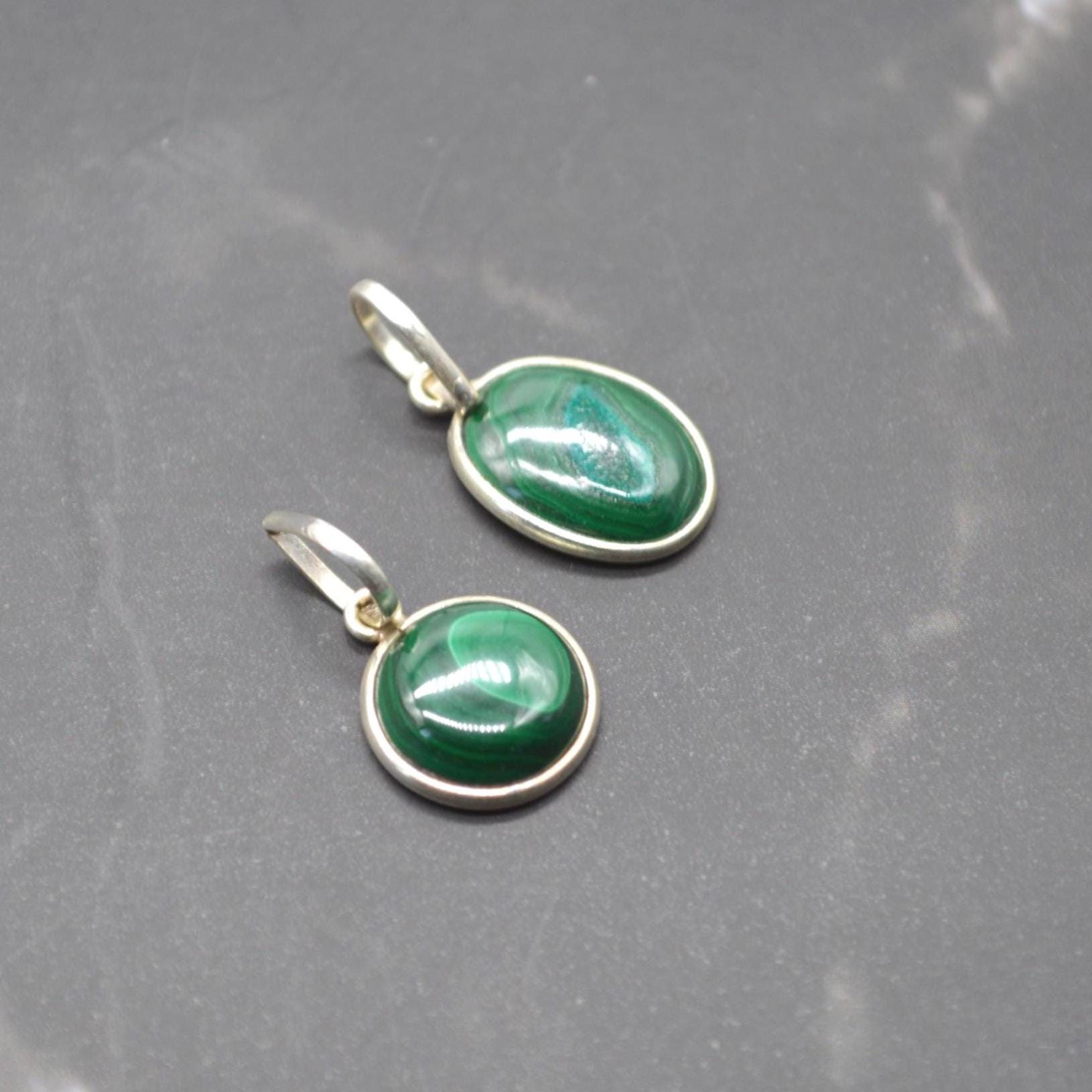 Malachite Pendant: Sterling Silver, Green Gemstone, Oval or Round