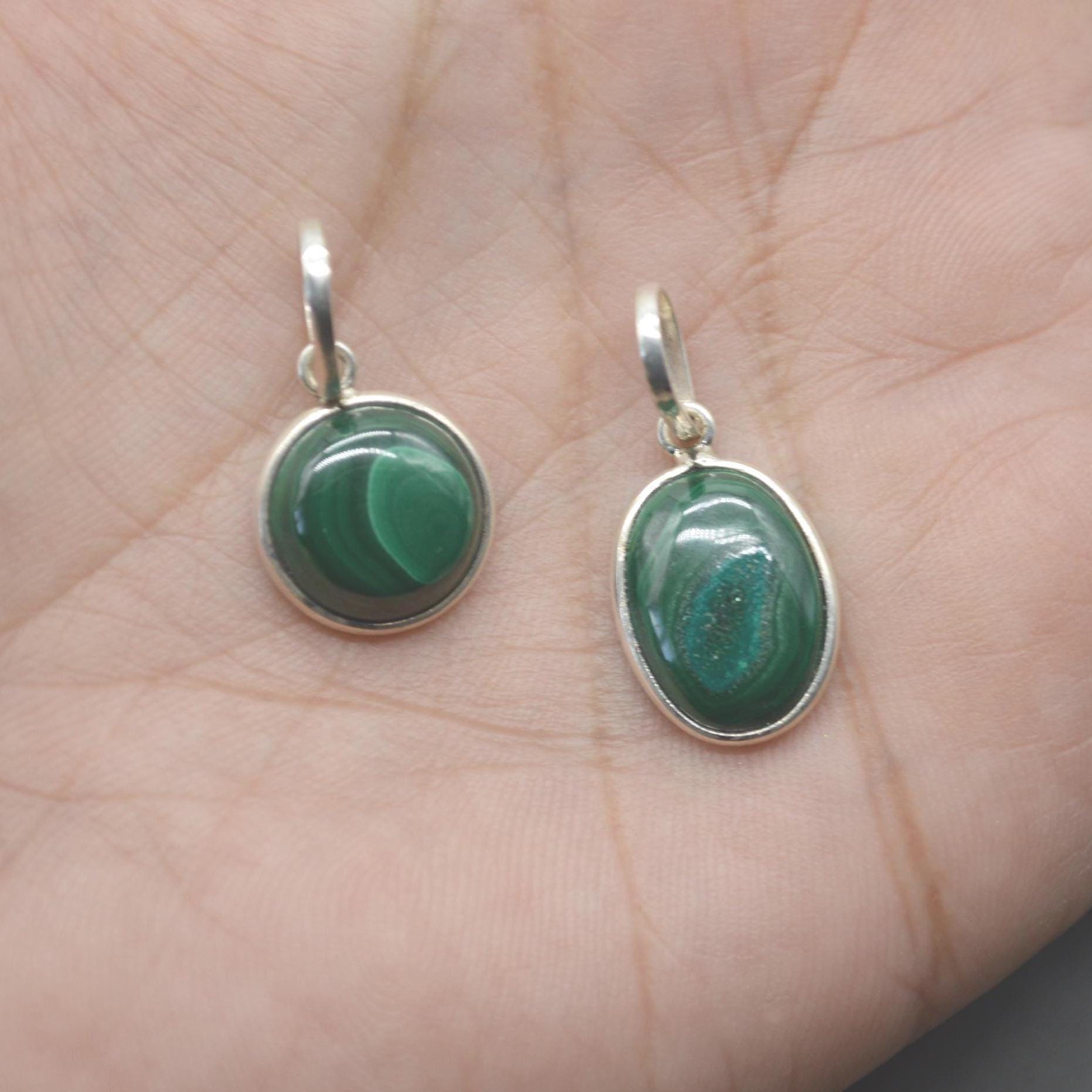 Malachite Pendant: Sterling Silver, Green Gemstone, Oval or Round
