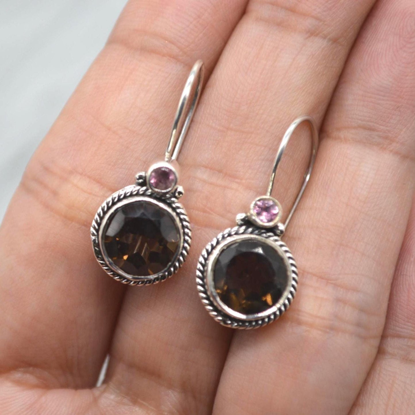 Smoky Quartz Earrings: Silver, Round Dangle, Brown Gemstone Jewelry