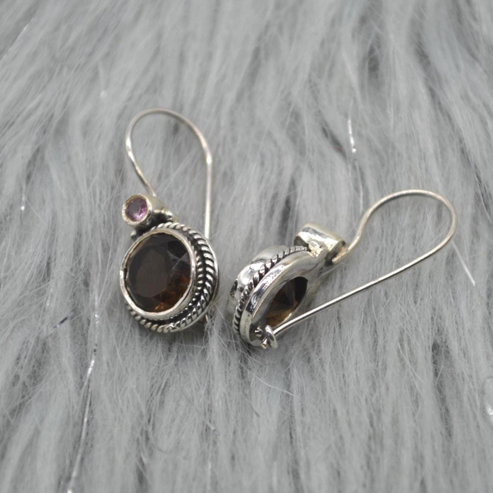 Smoky Quartz Earrings: Silver, Round Dangle, Brown Gemstone Jewelry