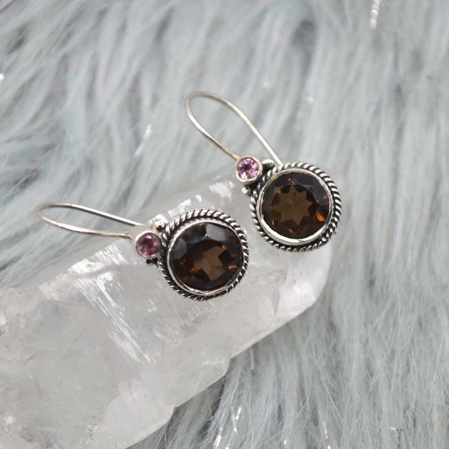 Smoky Quartz Earrings: Silver, Round Dangle, Brown Gemstone Jewelry