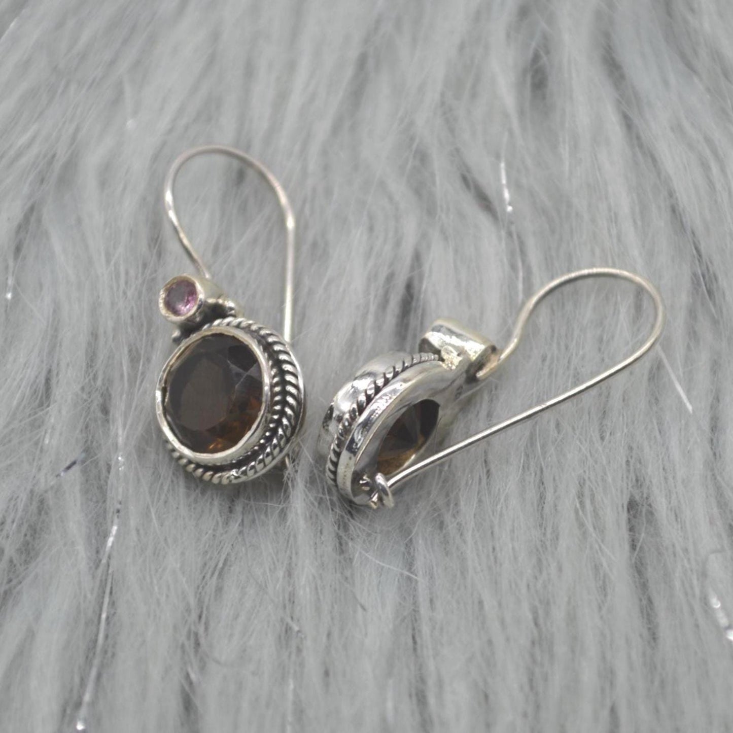 Smoky Quartz Earrings: Silver, Round Dangle, Brown Gemstone Jewelry
