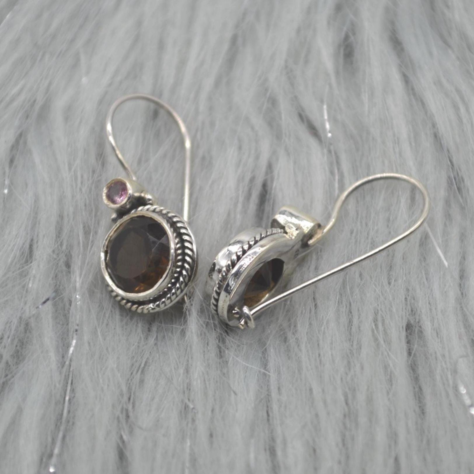 Smoky Quartz Earrings: Silver, Round Dangle, Brown Gemstone Jewelry