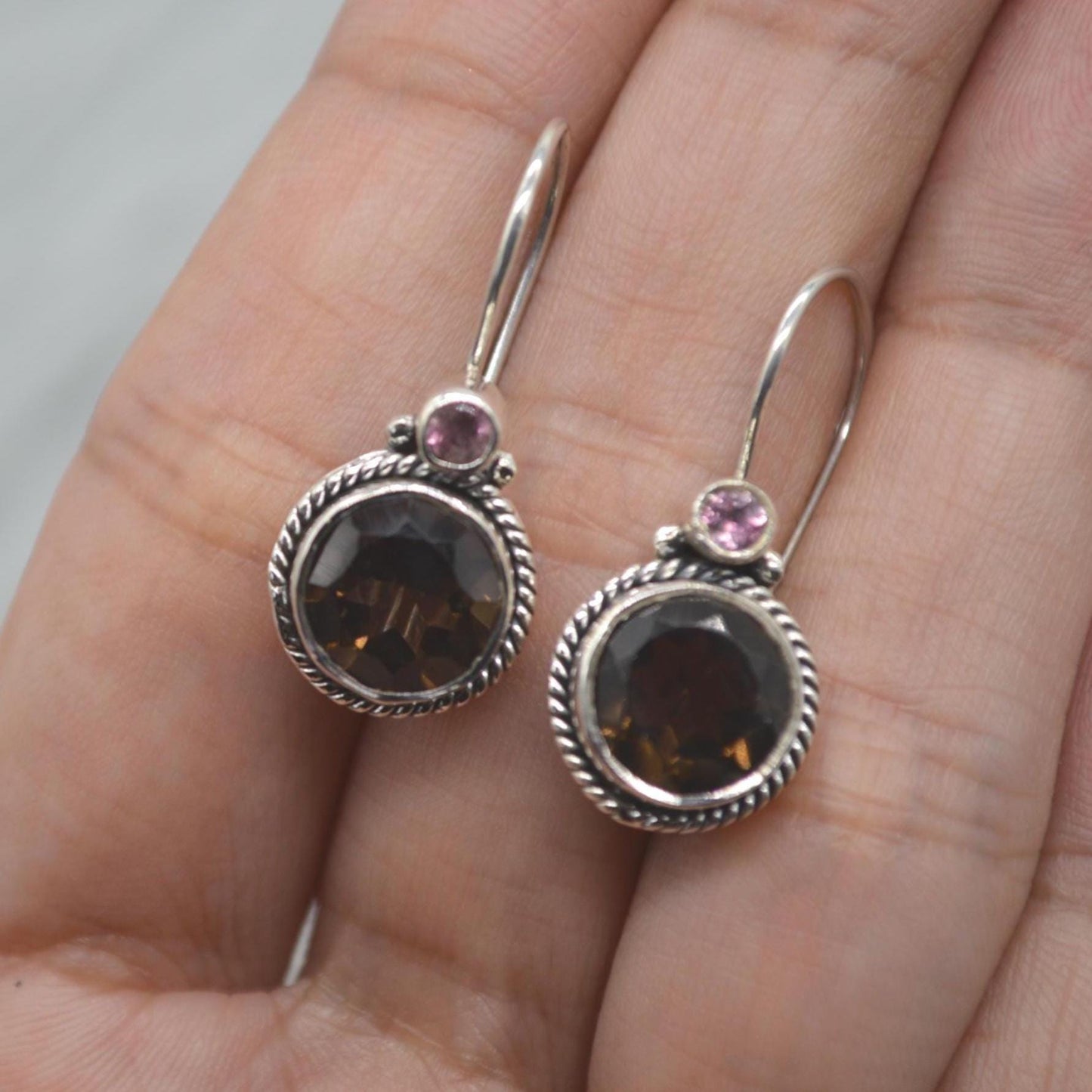 Smoky Quartz Earrings: Silver, Round Dangle, Brown Gemstone Jewelry
