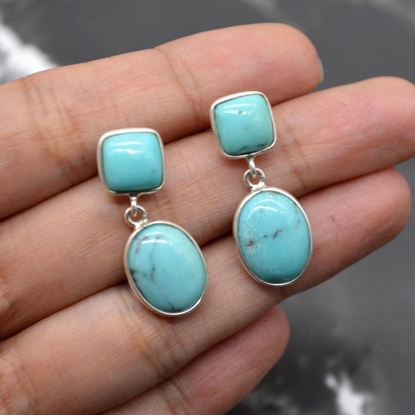 Turquoise Earrings: Silver, Oval Drop, December Birthstone, Boho, Blue Gemstone Jewelry