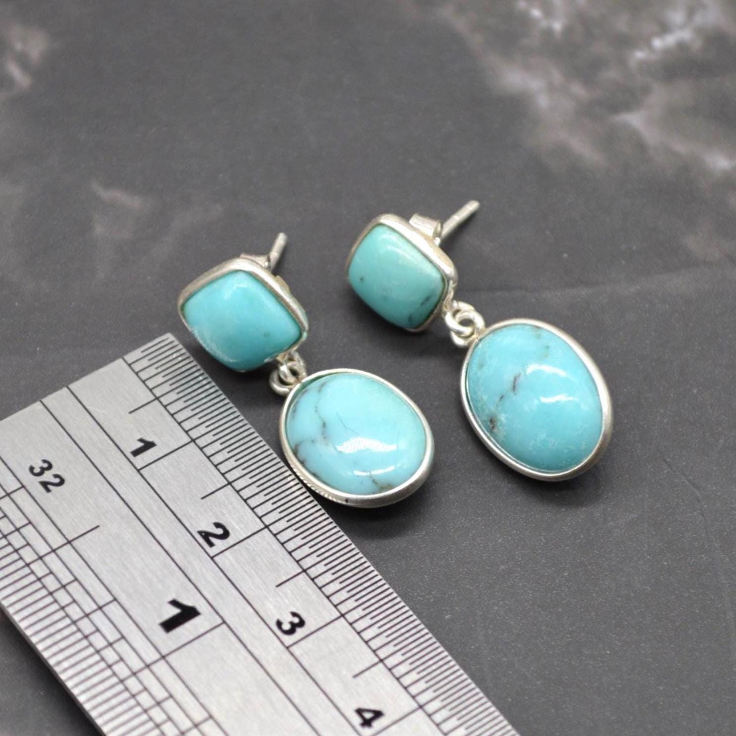 Turquoise Earrings: Silver, Oval Drop, December Birthstone, Boho, Blue Gemstone Jewelry