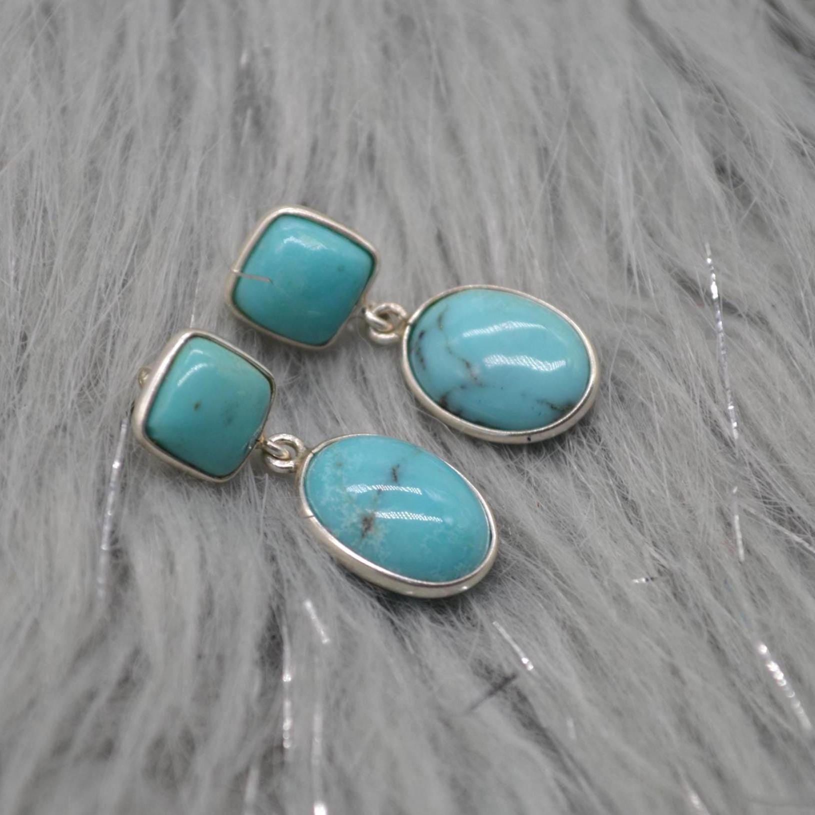 Turquoise Earrings: Silver, Oval Drop, December Birthstone, Boho, Blue Gemstone Jewelry