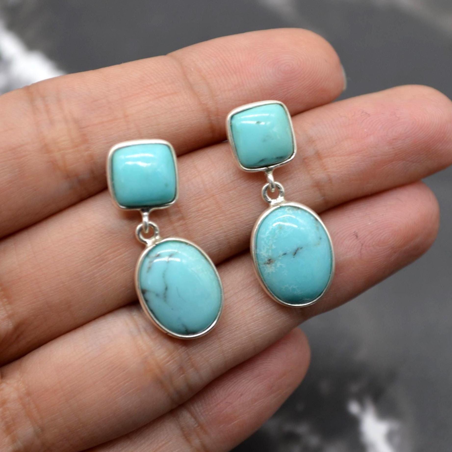 Turquoise Earrings: Silver, Oval Drop, December Birthstone, Boho, Blue Gemstone Jewelry