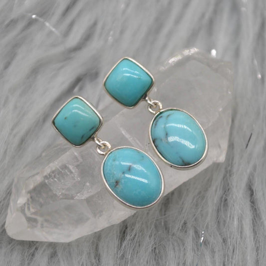 Turquoise Earrings: Silver, Oval Drop, December Birthstone, Boho, Blue Gemstone Jewelry