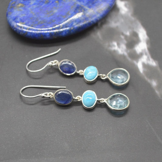 Blue Topaz, Turquoise, Sapphire Earrings: Sterling Silver, September Decemer Birthstone Jewelry